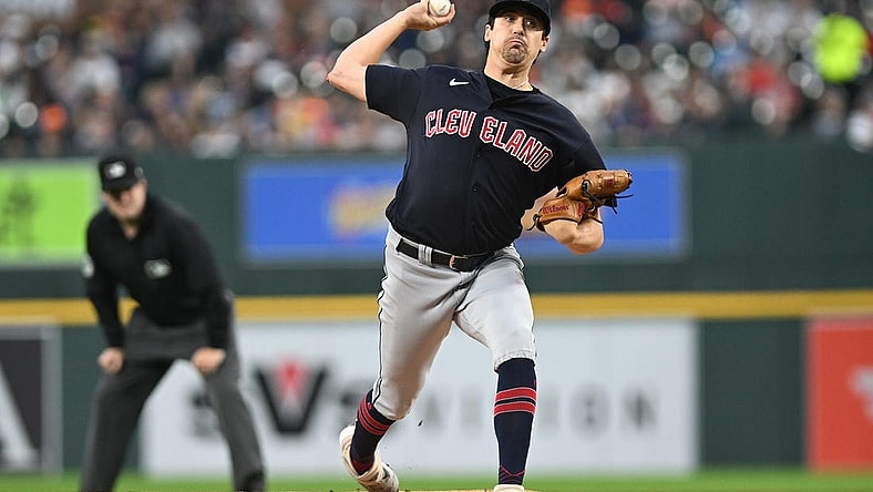 Sep 29, 2023; Detroit, Michigan, USA; Cleveland Guardians starting pitcher Cal Quantrill (47) throws a pitch against the Detroit Tigers in the second inning at Comerica Park. Mandatory Credit: Lon Horwedel-USA TODAY Sports