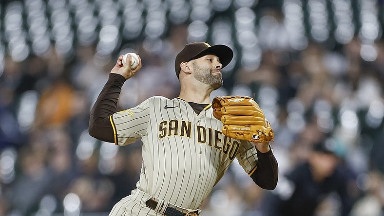 Sep 29, 2023; Chicago, Illinois, USA; San Diego Padres starting pitcher Nick Martinez (21) delivers a pitch against the Chicago White Sox during the first inning at Guaranteed Rate Field. Mandatory Credit: Kamil Krzaczynski-USA TODAY Sports