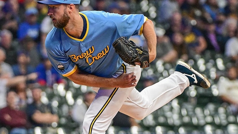 Sep 29, 2023; Milwaukee, Wisconsin, USA; Milwaukee Brewers pitcher Colin Rea (48) pitches against the Chicago Cubs in the first inning at American Family Field. Mandatory Credit: Benny Sieu-USA TODAY Sports