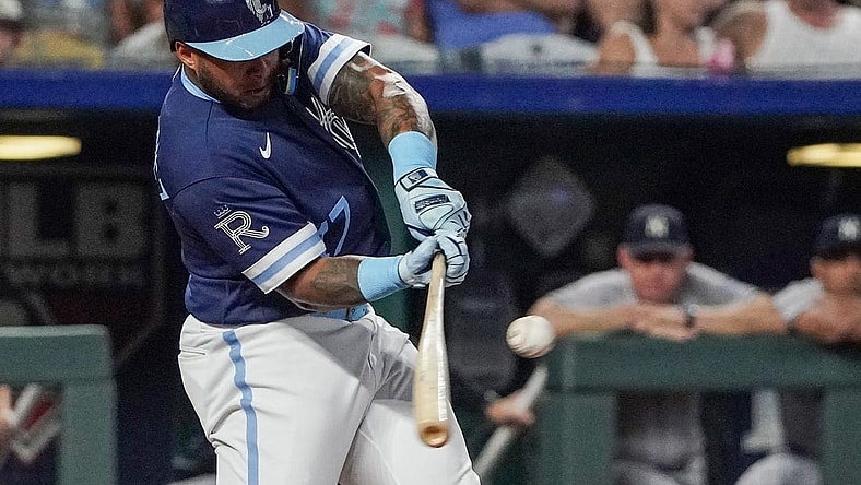 Sep 29, 2023; Kansas City, Missouri, USA; Kansas City Royals right fielder Nelson Velazquez (17) singles against the New York Yankees in the first inning at Kauffman Stadium. Mandatory Credit: Denny Medley-USA TODAY Sports