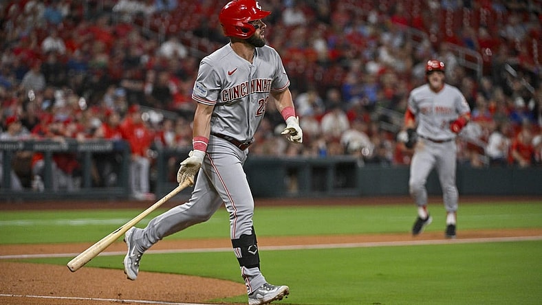 Sep 29, 2023; St. Louis, Missouri, USA;  Cincinnati Reds designated hitter Nick Martini (23) hits a three-run home run against the St. Louis Cardinals during the first inning at Busch Stadium. Mandatory Credit: Jeff Curry-USA TODAY Sports
