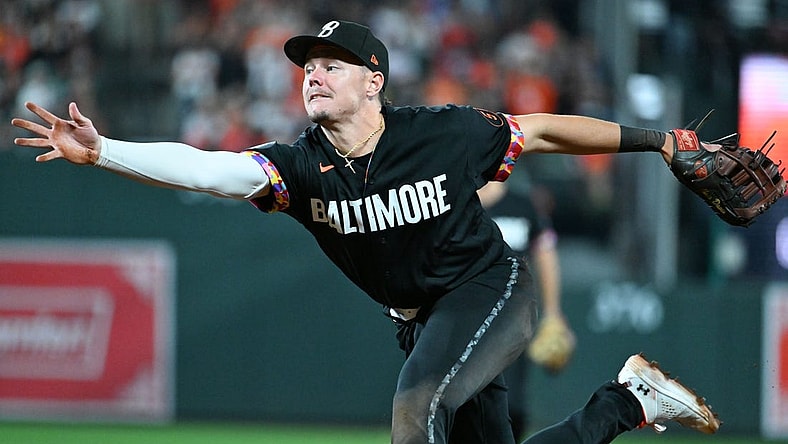 Sep 29, 2023; Baltimore, Maryland, USA;  Baltimore Orioles first baseman Ryan Mountcastle (6) loses to first base during the ninth inning Boston Red Sox at Oriole Park at Camden Yards. Mandatory Credit: Tommy Gilligan-USA TODAY Sports