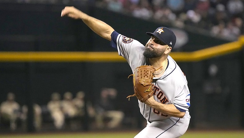 Sep 29, 2023; Phoenix, Arizona, USA; Houston Astros starting pitcher Jose Urquidy (65) throws against the Arizona Diamondbacks in the first inning at Chase Field. Mandatory Credit: Rick Scuteri-USA TODAY Sports