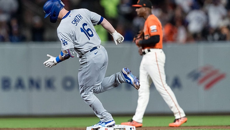 Sep 29, 2023; San Francisco, California, USA; Los Angeles Dodgers catcher Will Smith (16) runs the bases after hitting a two-run home run against the San Francisco Giants during the first inning at Oracle Park. Mandatory Credit: John Hefti-USA TODAY Sports