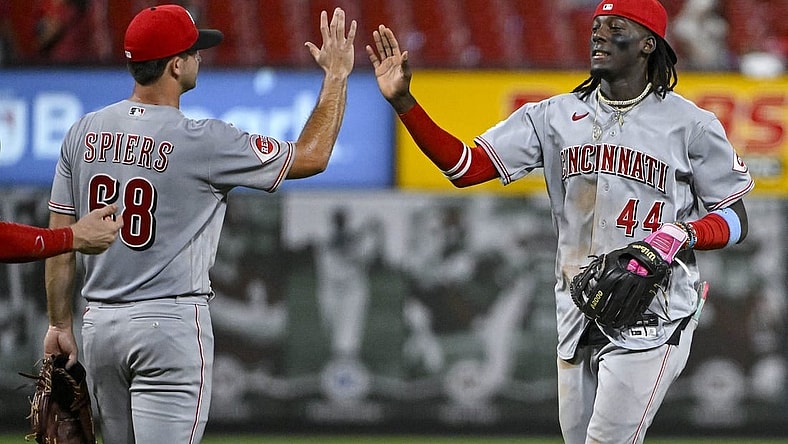 Sep 29, 2023; St. Louis, Missouri, USA;  Cincinnati Reds shortstop Elly De La Cruz (44) and relief pitcher Carson Spiers (68) celebrate after the Reds defeated the St. Louis Cardinals at Busch Stadium. Mandatory Credit: Jeff Curry-USA TODAY Sports