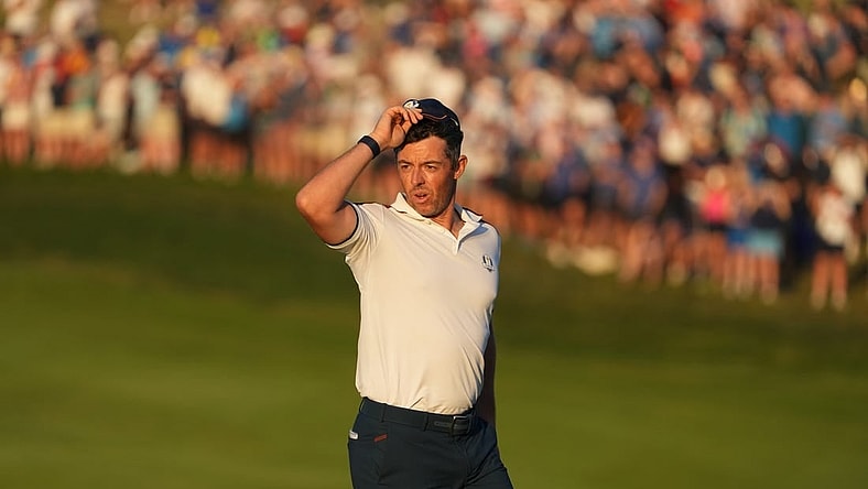 Sep 30, 2023; Rome, ITALY;  Team Europe golfer Rory McIlroy on the 16th green during day two fourballs round for the 44th Ryder Cup golf competition at Marco Simone Golf and Country Club. Mandatory Credit: Kyle Terada-USA TODAY Sports