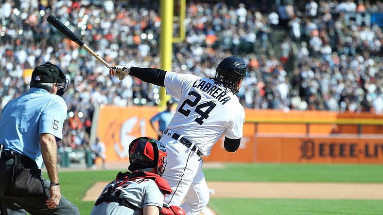 Detroit Tigers designated hitter Miguel Cabrera (24) doubles against Cleveland Guardians starting pitcher Triston McKenzie (24) during fourth-inning action at Comerica Park in Detroit on Saturday, Sept. 30, 2023.