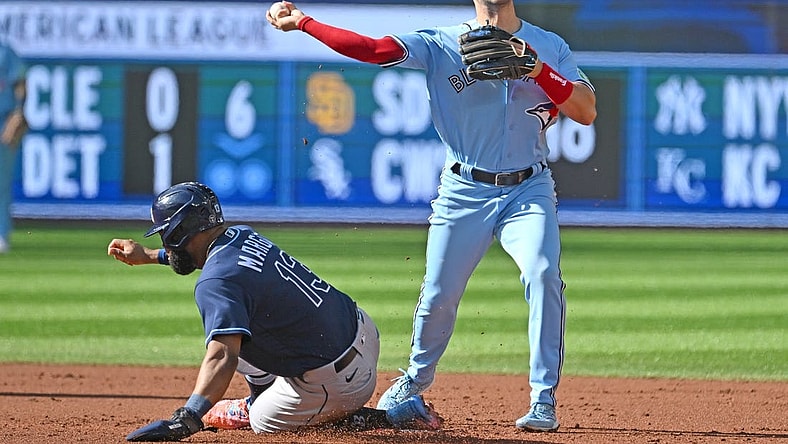 Sep 30, 2023; Toronto, Ontario, CAN;   Toronto Blue Jays second baseman Whit Merrifield (15) throws to first base to complete a double play after forcing out Tampa Bay Rays center Manuel Margot (13) in the second inning at Rogers Centre. Mandatory Credit: Dan Hamilton-USA TODAY Sports