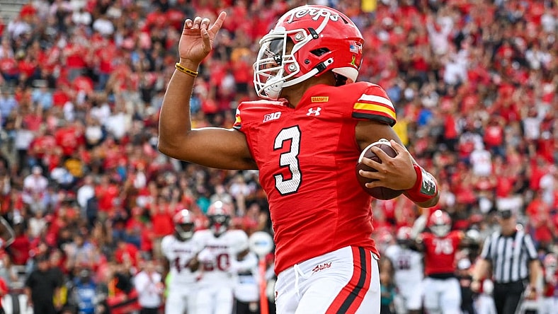 Sep 30, 2023; College Park, Maryland, USA; Maryland Terrapins quarterback Taulia Tagovailoa (3) reacts after running for a touchdown during the first half against the Indiana Hoosiers  at SECU Stadium. Mandatory Credit: Tommy Gilligan-USA TODAY Sports