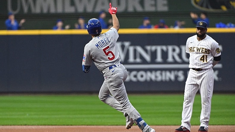 Sep 30, 2023; Milwaukee, Wisconsin, USA; Chicago Cubs second baseman Christopher Morel (5) rounds the bases after hitting a home run in the first inning against the Milwaukee Brewers at American Family Field. Mandatory Credit: Michael McLoone-USA TODAY Sports