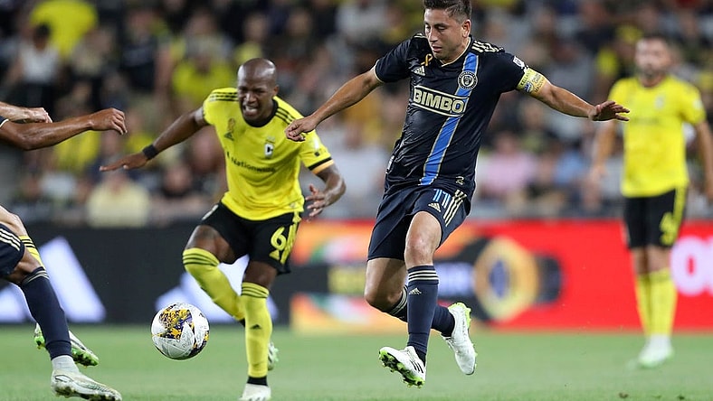 Sep 30, 2023; Columbus, Ohio, USA;  Philadelphia Union midfielder Alejandro Bedoya (11) goes for the ball during the first half against the Columbus Crew at Lower.com Field. Mandatory Credit: Joseph Maiorana-USA TODAY Sports