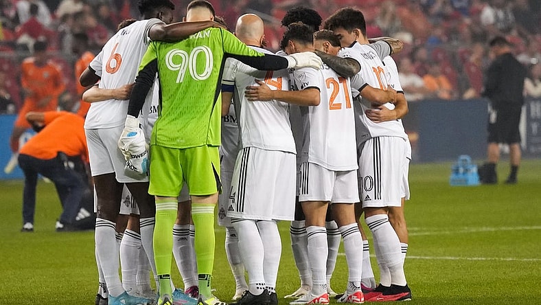 Sep 30, 2023; Toronto, Ontario, CAN; Toronto FC players huddle before the game against FC Cincinnati at BMO Field. Mandatory Credit: Nick Turchiaro-USA TODAY Sports