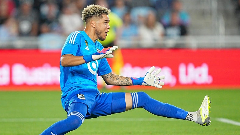 Sep 30, 2023; Saint Paul, Minnesota, USA; Minnesota United goalkeeper Dayne St. Clair (97) dives against the San Jose Earthquakes in the first half at Allianz Field. Mandatory Credit: Matt Blewett-USA TODAY Sports