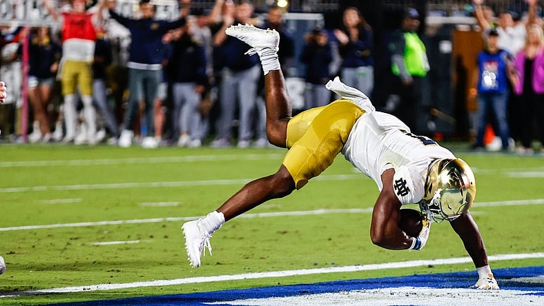Sep 30, 2023; Durham, North Carolina, USA; Notre Dame Fighting Irish running back Audric Estime (7) makes a touchdown during the first half of the game against Duke Blue Devils at Wallace Wade Stadium. Mandatory Credit: Jaylynn Nash-USA TODAY Sports