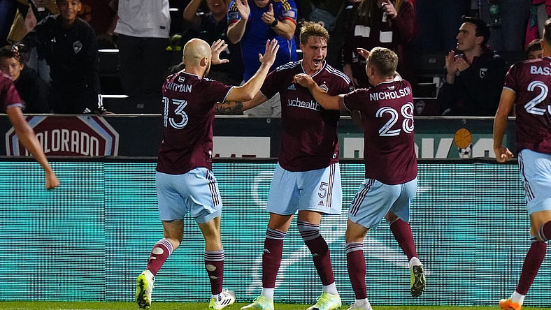 Sep 30, 2023; Commerce City, Colorado, USA; Colorado Rapids defender Andreas Maxs   (5) celebrates his goal with defender Andrew Gutman (13) and midfielder Sam Nicholson (28) in the first half against the Austin FC at Dick's Sporting Goods Park. Mandatory Credit: Ron Chenoy-USA TODAY Sports
