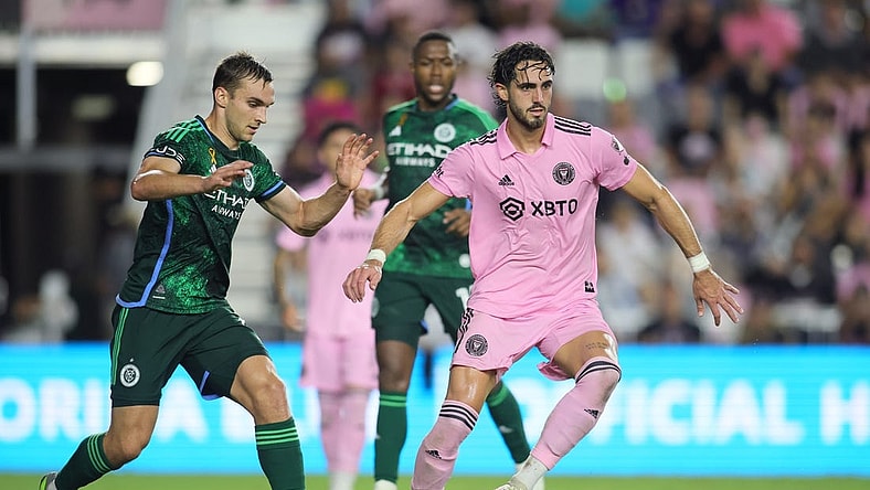 Sep 30, 2023; Fort Lauderdale, Florida, USA; Inter Miami CF forward Leonardo Campana (9) controls the ball while defended by New York City FC midfielder James Sands (6) during the second half at DRV PNK Stadium. Mandatory Credit: Sam Navarro-USA TODAY Sports