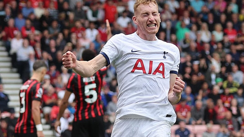 Tottenham Hotspur Dejan Kulusevski celebrates scoring against Bournemouth on Aug. 26, 2023.