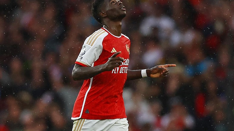 Arsenal's Bukayo Saka celebrates scoring in a match on Aug. 26, 2023.
