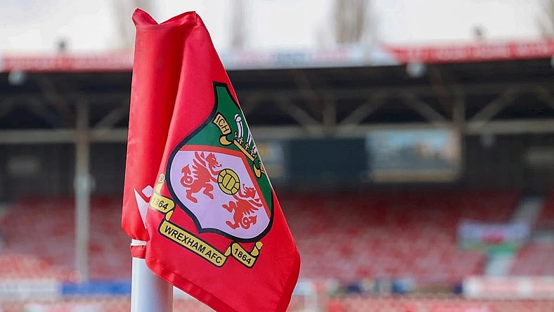 A Wrexham AFC flag at Racecourse Grounds in Wrexham, Wales.