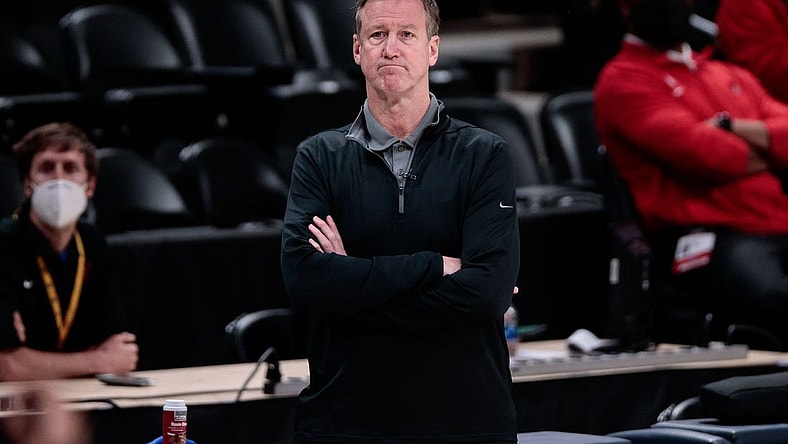 May 24, 2021; Denver, Colorado, USA; Portland Trail Blazers head coach Terry Stotts looks on in the second quarter against the Denver Nuggets during game two in the first round of the 2021 NBA Playoffs at Ball Arena. Mandatory Credit: Isaiah J. Downing-USA TODAY Sports