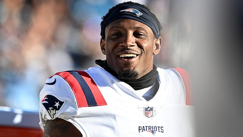 Nov 7, 2021; Charlotte, North Carolina, USA;  New England Patriots cornerback J.C. Jackson (27) on the bench in the fourth quarter at Bank of America Stadium. Mandatory Credit: Bob Donnan-USA TODAY Sports