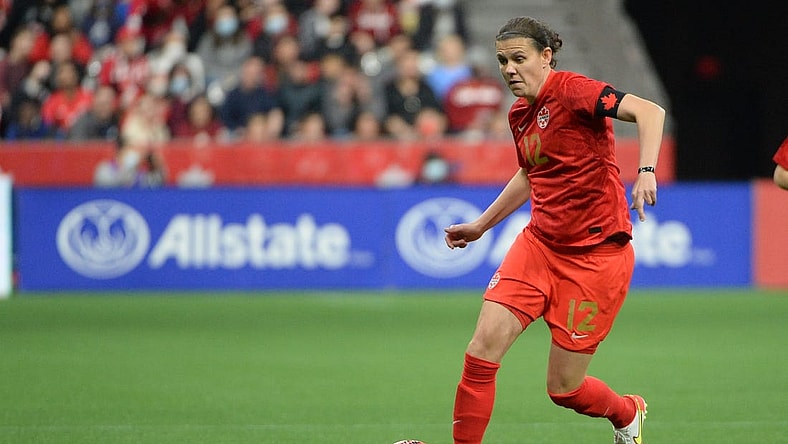 Apr 8, 2022; Vancouver, BC, Canada; Women's Canadian National forward Christine Sinclair (12) controls the ball against Women's Nigeria National team during the first half at BC Place. Mandatory Credit: Anne-Marie Sorvin-USA TODAY Sports