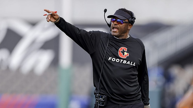 Apr 30, 2022; Birmingham, AL, USA; Houston Gamblers head coach Kevin Sumlin argues with the referees during the first half at Protective Stadium. Mandatory Credit: Vasha Hunt-USA TODAY Sports