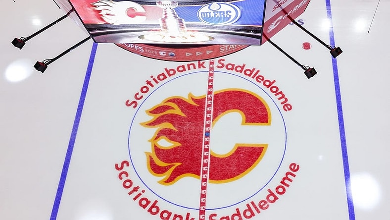 May 18, 2022; Calgary, Alberta, CAN; General view of the Calgary Flames logo on the ice prior to the game between the Calgary Flames and the Edmonton Oilers in game one of the second round of the 2022 Stanley Cup Playoffs at Scotiabank Saddledome. Mandatory Credit: Sergei Belski-USA TODAY Sports