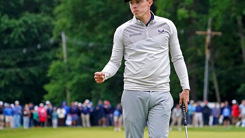 Jun 19, 2022; Brookline, Massachusetts, USA; Matthew Fitzpatrick reacts to his putt on the 15th green during the final round of the U.S. Open golf tournament. Mandatory Credit: Peter Casey-USA TODAY Sports