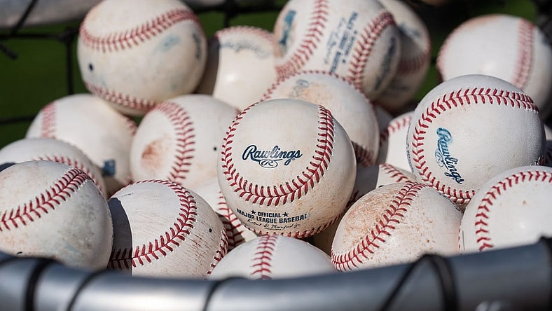 Jun 28, 2022; San Francisco, California, USA; General view of the baseballs during batting practice between the San Francisco Giants and the Detroit Tigers at Oracle Park. Mandatory Credit: Stan Szeto-USA TODAY Sports