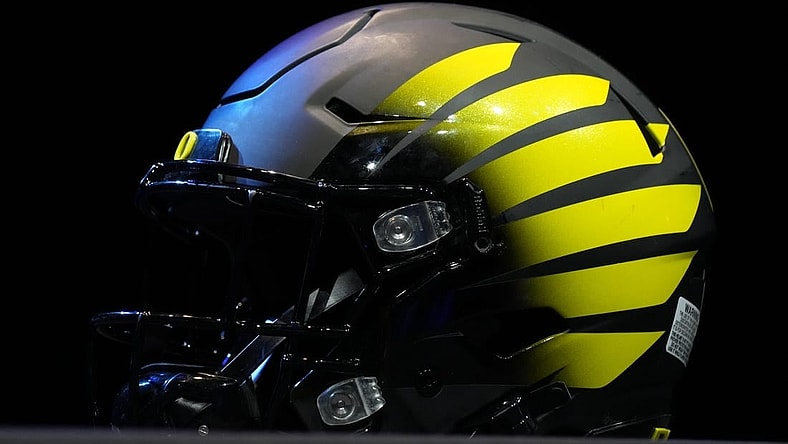 Jul 29, 2022; Los Angeles, CA, USA; An Oregon Ducks helmet on display during Pac-12 Media Day at Novo Theater. Mandatory Credit: Kirby Lee-USA TODAY Sports