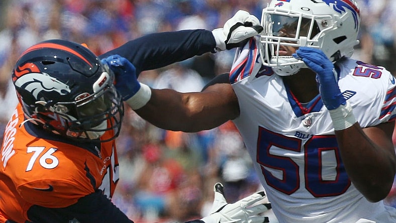 Bills edge Greg Rousseau (50), right, pushes aside Denver tackle Calvin Anderson (76) in the first half during the Bills preseason game against Denver Saturday, Aug. 20, 2022 at Highmark Stadium.

Sd 082022 Bills 87 Spts