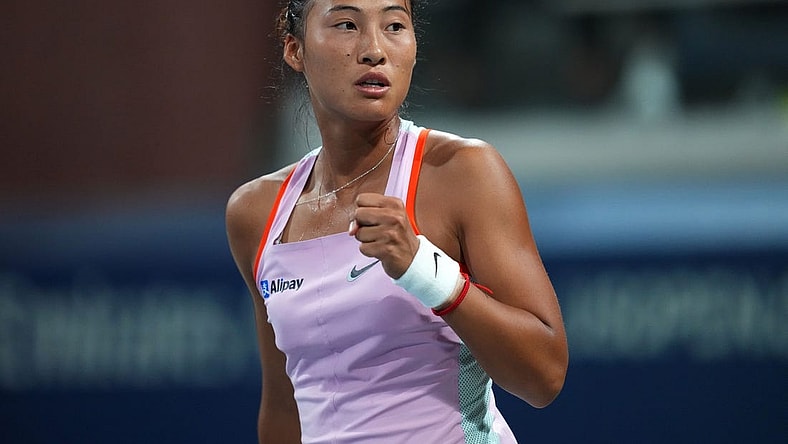 Sep 3, 2022; Flushing, NY, USA; Qinwen Zheng of China reacts during a match against Jule Niemeier of Germany on day six of the 2022 U.S. Open tennis tournament at USTA Billie Jean King Tennis Center. Mandatory Credit: Danielle Parhizkaran-USA TODAY Sports