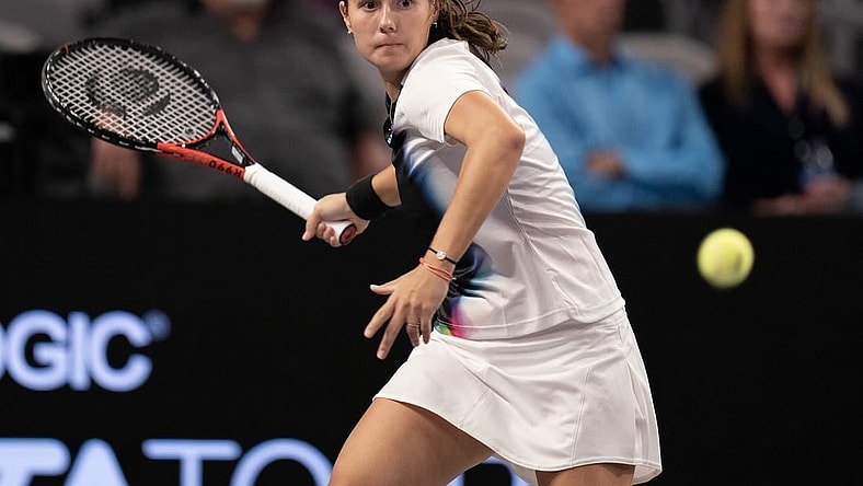 Nov 5, 2022; Forth Worth, TX, USA; Daria Kasatkina returns a shot during her match against Caroline Garcia (FRA) on day six of the WTA Finals at Dickies Arena. Mandatory Credit: Susan Mullane-USA TODAY Sports