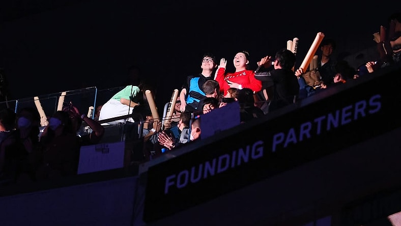 Nov 5, 2022; San Francisco, California, USA; Fans react after accepting a marriage proposal between games during the League of Legends World Championships between DRX and T1 at Chase Center. Mandatory Credit: Kelley L Cox-USA TODAY Sports