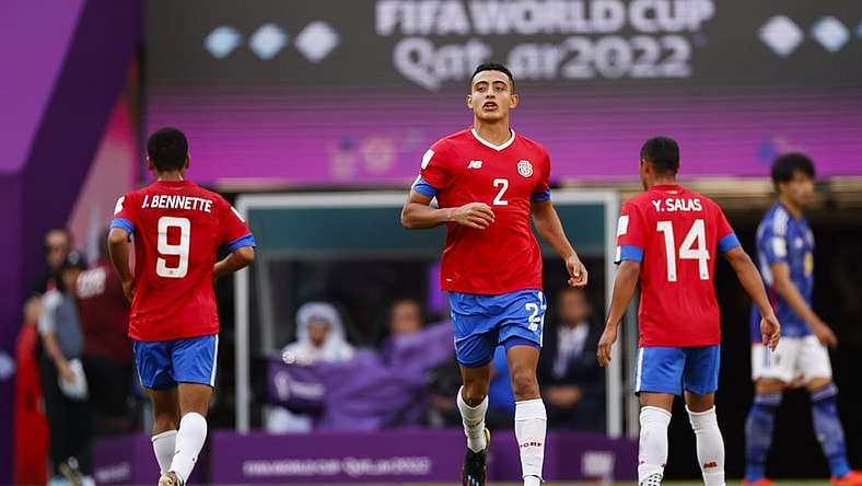 Nov 27, 2022; Al Rayyan, Qatar; Costa Rica midfielder Daniel Chacon (2) on the field during a group stage match against Japan during the 2022 World Cup at Ahmad Bin Ali Stadium. Mandatory Credit: Yukihito Taguchi-USA TODAY Sports