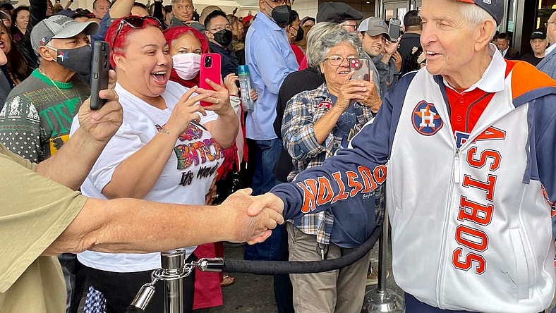 Jim McIngvale, known as Mattress Mack, is greeted by fans outside the newly opened Horseshoe Casino in Westlake, La., on Dec. 12, 2022. McIngvale placed a $1 million cash bet on the Houston Cougars to win the men's Final Four.

Mattress Mack Fans
