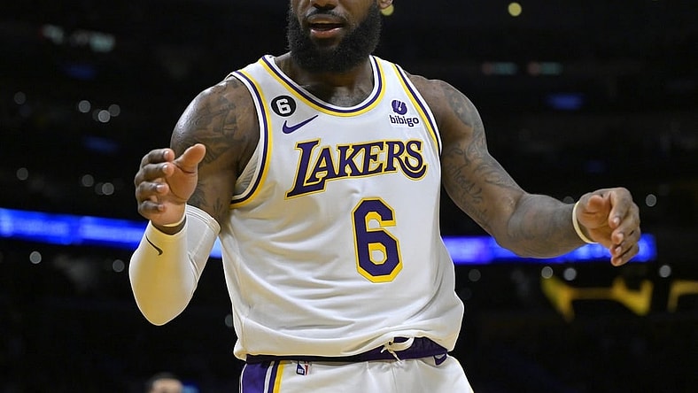 Dec 18, 2022; Los Angeles, California, USA; Los Angeles Lakers forward LeBron James (6) reacts in the first half against the Washington Wizards at Crypto.com Arena. Mandatory Credit: Jayne Kamin-Oncea-USA TODAY Sports