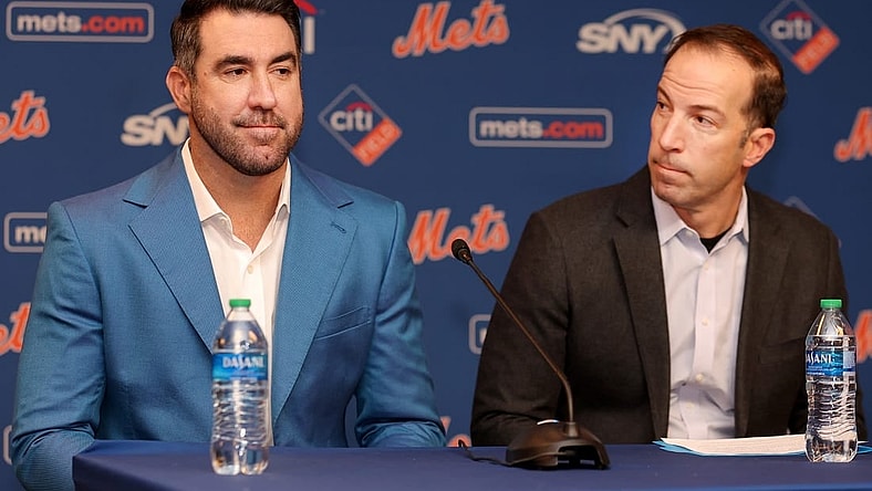 Dec 20, 2022; NY, NY, USA; New York Mets pitcher Justin Verlander (left) speaks to the media with general manager Billy Eppler during a press conference at Citi Field. Mandatory Credit: Brad Penner-USA TODAY Sports