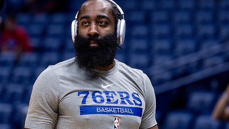 Dec 30, 2022; New Orleans, Louisiana, USA; Philadelphia 76ers guard James Harden (1) during warm ups before the game against the New Orleans Pelicans at Smoothie King Center. Mandatory Credit: Stephen Lew-USA TODAY Sports