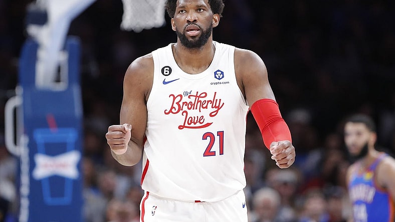 Dec 31, 2022; Oklahoma City, Oklahoma, USA; Philadelphia 76ers center Joel Embiid (21) gestures after a basket against the Oklahoma City Thunder during the second half at Paycom Center. Philadelphia won 115-96. Mandatory Credit: Alonzo Adams-USA TODAY Sports