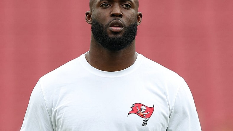 Jan 1, 2023; Tampa, Florida, USA; Tampa Bay Buccaneers running back Leonard Fournette (7) warms up before a game against the Carolina Panthers at Raymond James Stadium. Mandatory Credit: Nathan Ray Seebeck-USA TODAY Sports