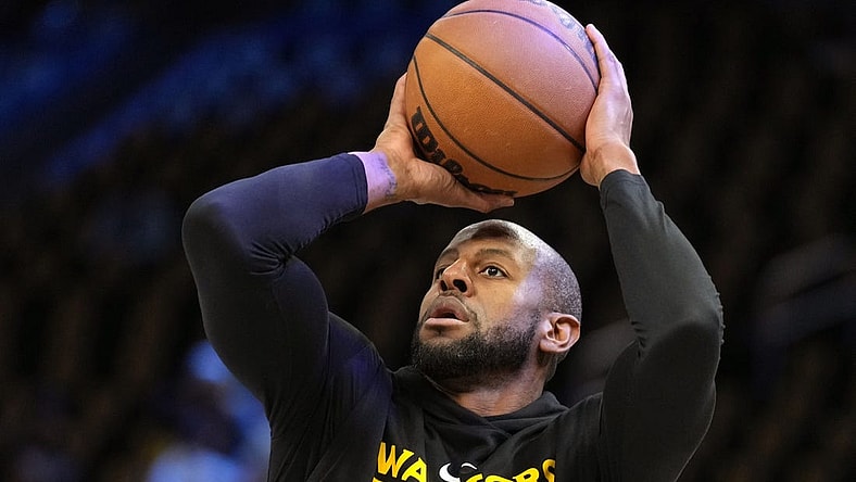 Dec 25, 2022; San Francisco, California, USA; Golden State Warriors forward Andre Iguodala (9) warms up before the game against the Memphis Grizzlies at Chase Center. Mandatory Credit: Darren Yamashita-USA TODAY Sports