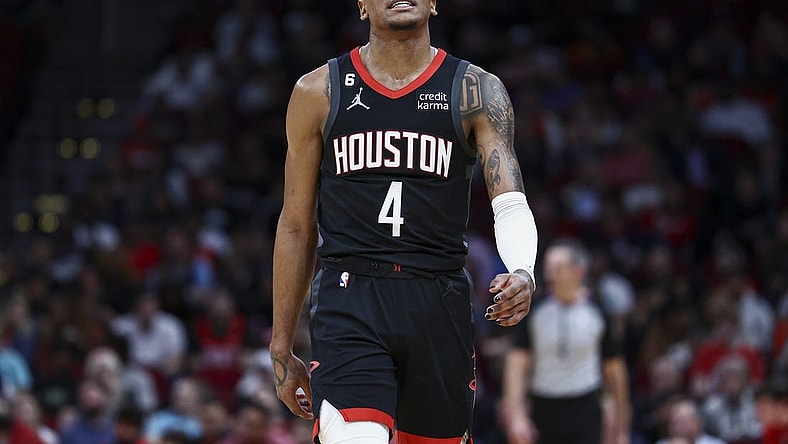 Jan 18, 2023; Houston, Texas, USA;  Houston Rockets guard Jalen Green (4) reacts after a play during the third quarter against the Charlotte Hornets at Toyota Center. Mandatory Credit: Troy Taormina-USA TODAY Sports