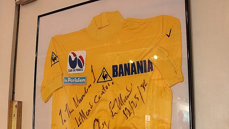 A signed yellow jersey awarded to legendary american cyclist Greg Lemond in the Tour de France is seen in College Cyclery in Midtown Reno on Feb. 8, 2023. The store recently celebrated its 50th anniversary of being in business.

Ren College Cyclery 04