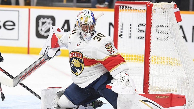 Feb 18, 2023; Nashville, Tennessee, USA; Florida Panthers goaltender Spencer Knight (30) makes a save during the third period against the Nashville Predators at Bridgestone Arena. Mandatory Credit: Christopher Hanewinckel-USA TODAY Sports