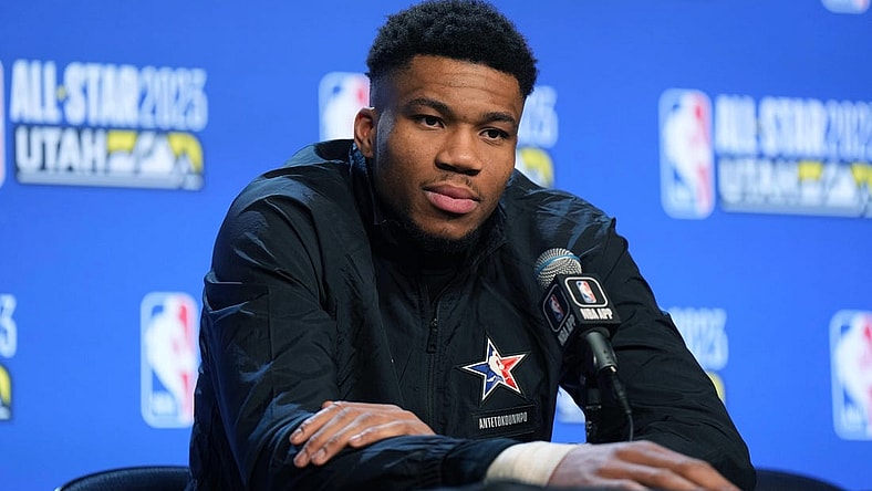 Feb 19, 2023; Salt Lake City, UT, USA; Milwaukee Bucks forward Giannis Antetokounmpo at press conference at the 2023 NBA All-Star Game at Vivint Arena. Mandatory Credit: Kirby Lee-USA TODAY Sports