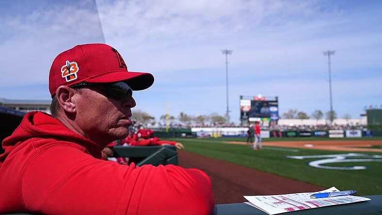Mar 5, 2023; Surprise, Arizona, USA; Los Angeles Angels acting manager Ray Montgomery (81) looks on against the Texas Rangers during the fourth inning at Surprise Stadium. Mandatory Credit: Joe Camporeale-USA TODAY Sports