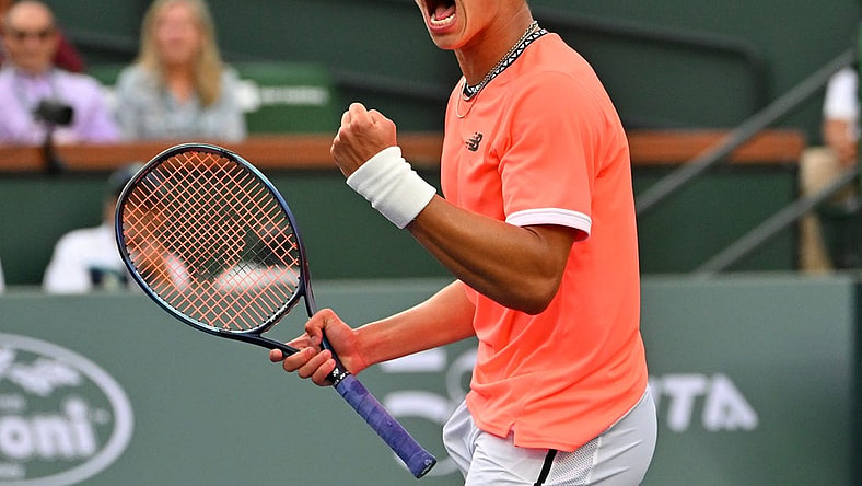 Mar 11, 2023; Indian Wells, CA, USA;  Ben Shelton (USA) reacts after a winning shot in his second round match against Taylor Fritz (USA) in the BNP Paribas Open at the Indian Wells Tennis Garden. Mandatory Credit: Jayne Kamin-Oncea-USA TODAY Sports