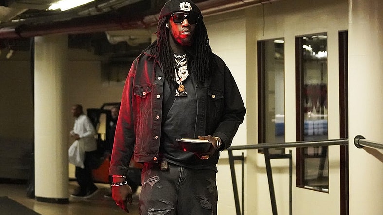 Mar 22, 2023; Chicago, Illinois, USA; Philadelphia 76ers center Montrezl Harrell enters the building before the game against the Chicago Bulls at United Center. Mandatory Credit: David Banks-USA TODAY Sports